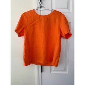 Orvis Womens Orange 100% Linen Short Sleeve Keyhole Back Blouse Top Size M